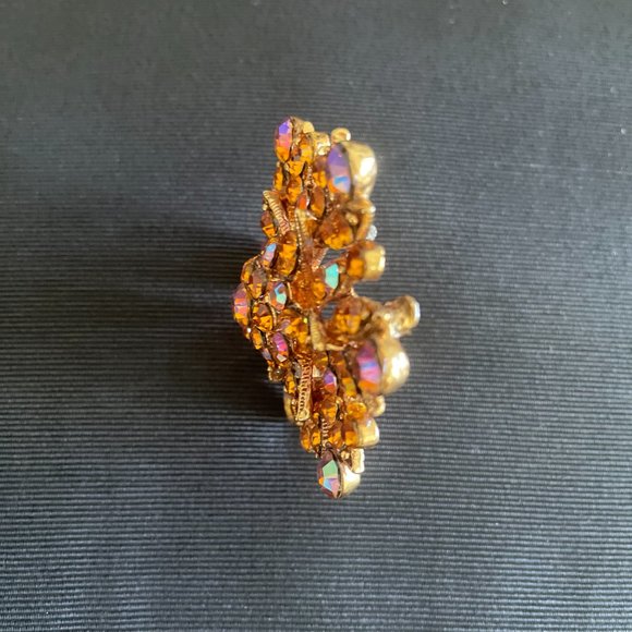 Vintage Silver tone clip ons earrings with amber and an amber AB crystal Brooch - Picture 6 of 10